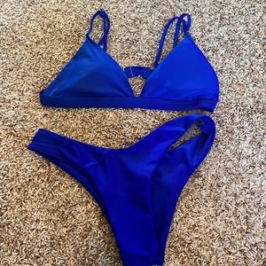 small royal blue SHEIN bikini with adjustable top and cheeky bottoms
